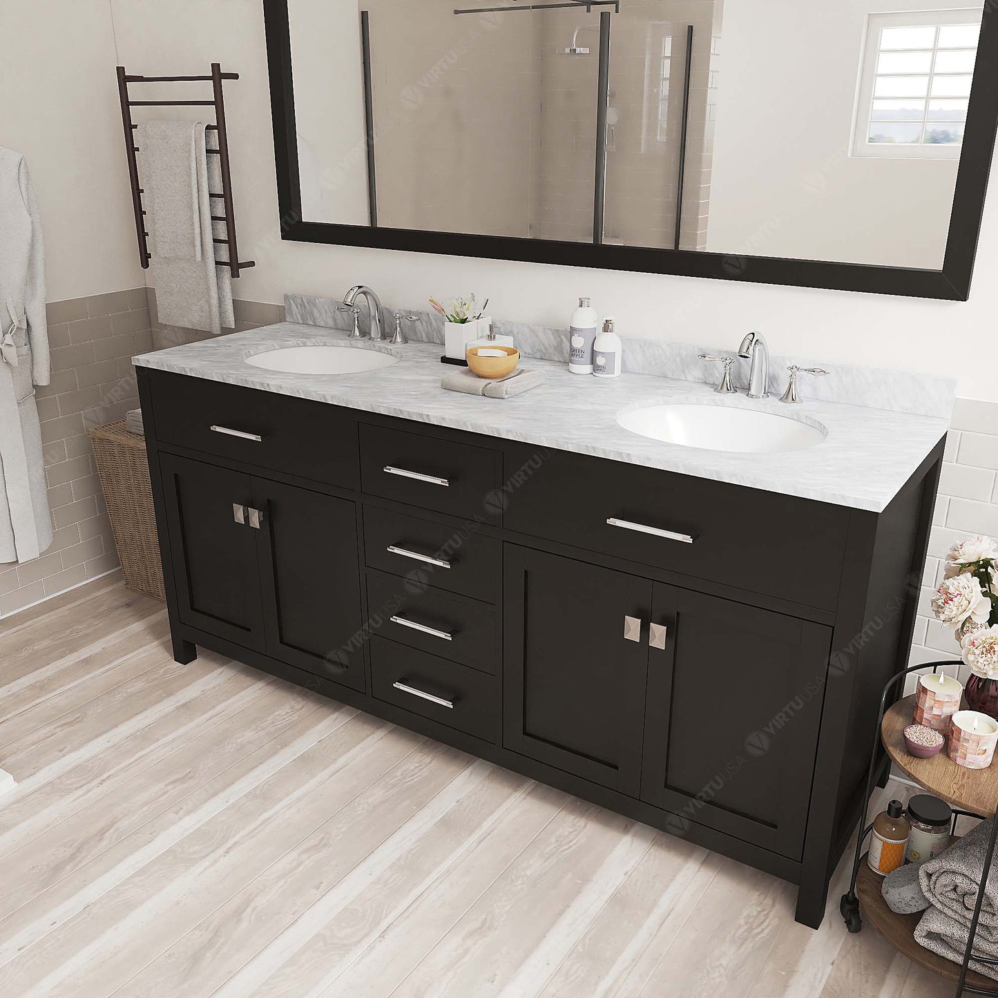 MD-2072-WMRO-ES Espresso Caroline 72" Double Bath Vanity Set with Italian Carrara White Marble Top & Oval Double Centered Basin, Mirror side