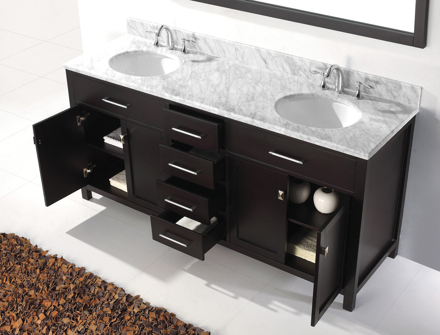 MD-2072-WMRO-ES Espresso Caroline 72" Double Bath Vanity Set with Italian Carrara White Marble Top & Oval Double Centered Basin, Mirror up open