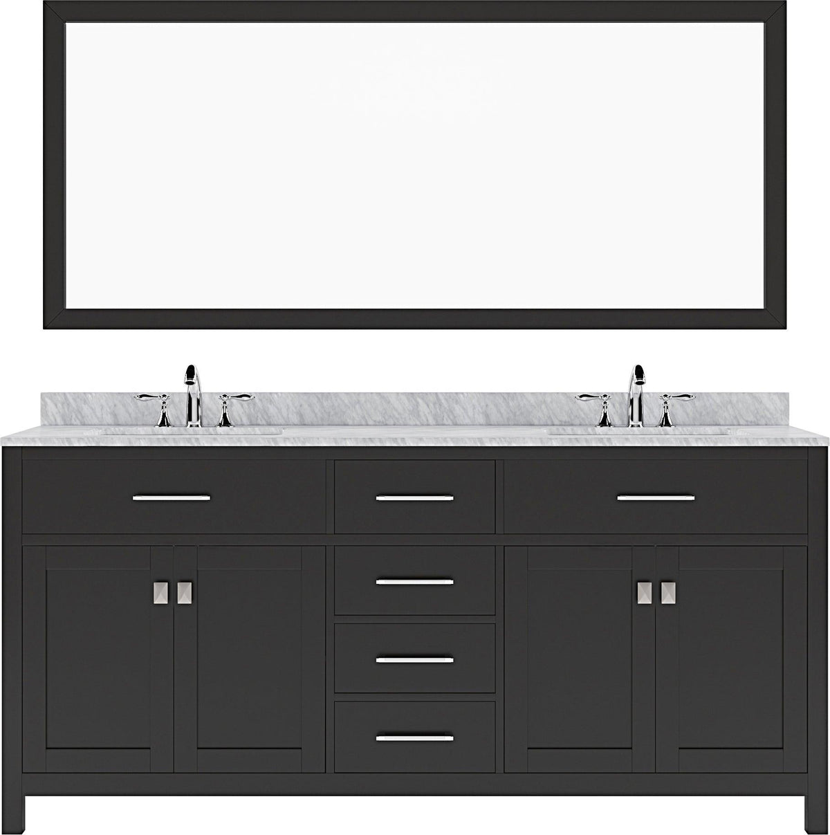 MD-2072-WMRO-ES Espresso Caroline 72" Double Bath Vanity Set with Italian Carrara White Marble Top & Oval Double Centered Basin, Mirror