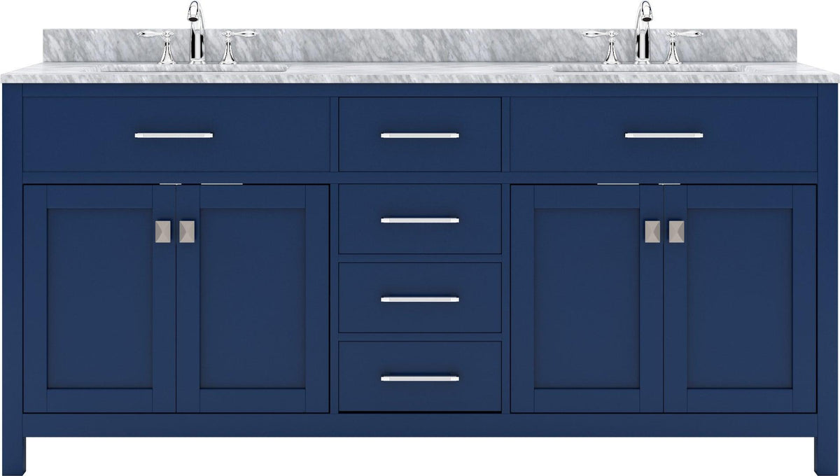 MD-2072-WMRO-FB Blue  Caroline 72" Double Bath Vanity Set with Italian Carrara White Marble Top & Oval Double Centered Basin