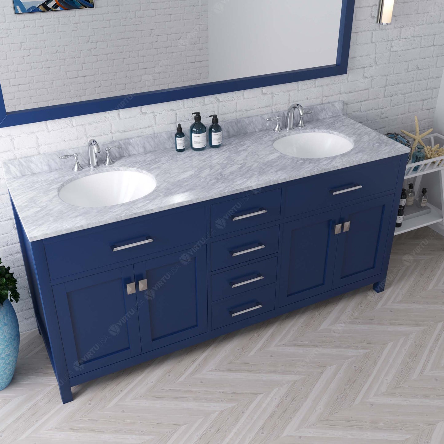 MD-2072-WMRO-FB Blue  Caroline 72" Double Bath Vanity Set with Italian Carrara White Marble Top & Oval Double Centered Basin, Mirror up