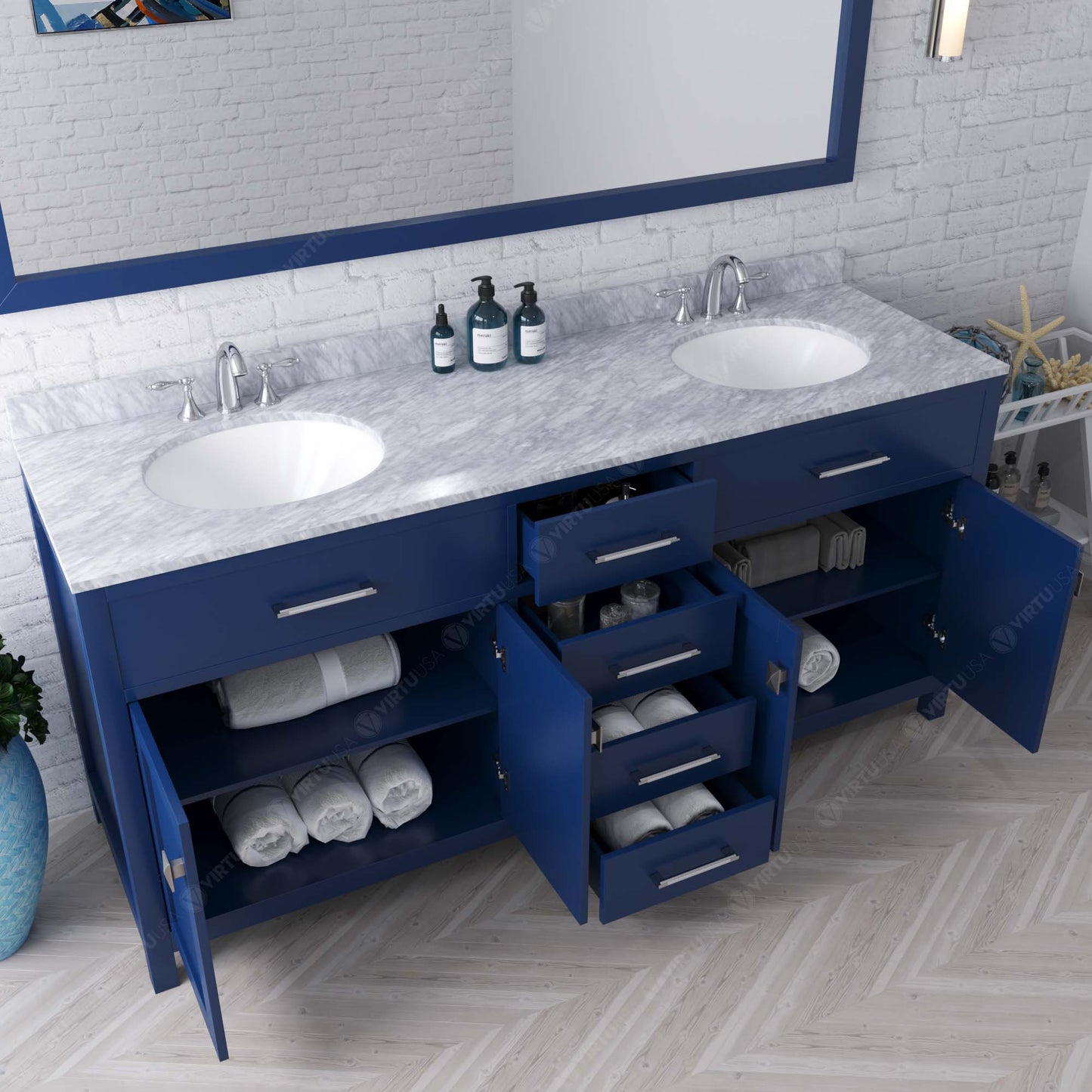 MD-2072-WMRO-FB Blue  Caroline 72" Double Bath Vanity Set with Italian Carrara White Marble Top & Oval Double Centered Basin, Mirror open