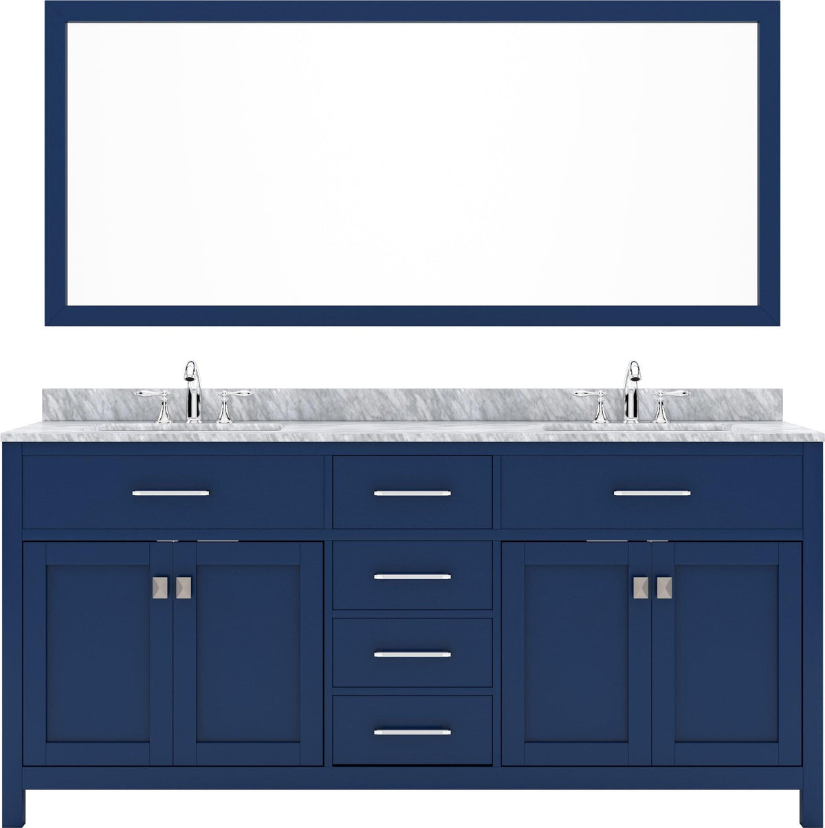 MD-2072-WMRO-FB Blue  Caroline 72" Double Bath Vanity Set with Italian Carrara White Marble Top & Oval Double Centered Basin, Mirror