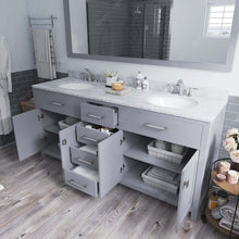 Load image into Gallery viewer, MD-2072-WMRO-GR Gray Caroline 72&quot; Double Bath Vanity Set with Italian Carrara White Marble Top &amp; Oval Double Centered Basin, Mirror open