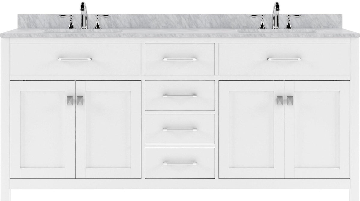 MD-2072-WMRO-WH White Caroline 72" Double Bath Vanity Set with Italian Carrara White Marble Top & Oval Double Centered Basin