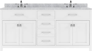MD-2072-WMRO-WH White Caroline 72" Double Bath Vanity Set with Italian Carrara White Marble Top & Oval Double Centered Basin