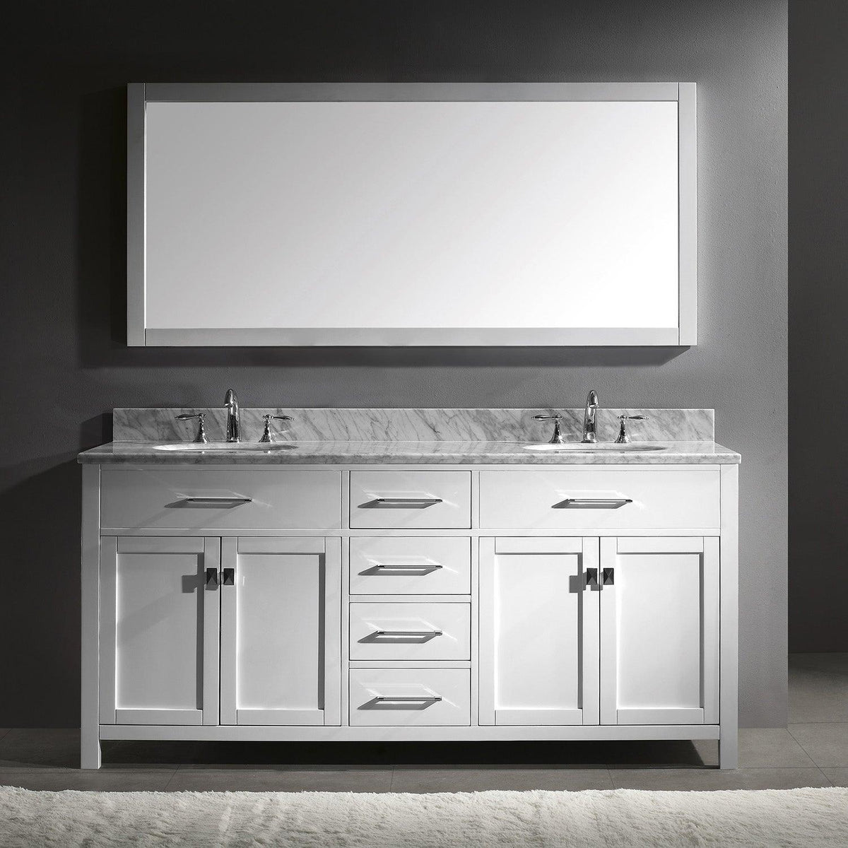 MD-2072-WMRO-WH White Caroline 72" Double Bath Vanity Set with Italian Carrara White Marble Top & Oval Double Centered Basin, Mirror