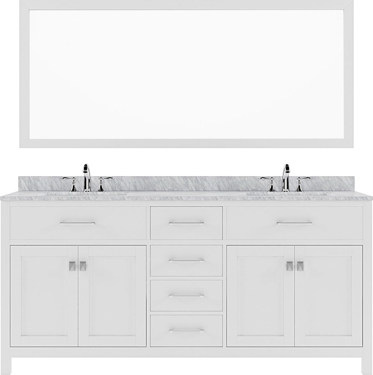 MD-2072-WMRO-WH White Caroline 72" Double Bath Vanity Set with Italian Carrara White Marble Top & Oval Double Centered Basin, Mirror