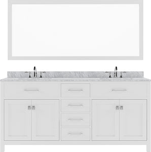 MD-2072-WMRO-WH White Caroline 72" Double Bath Vanity Set with Italian Carrara White Marble Top & Oval Double Centered Basin, Mirror