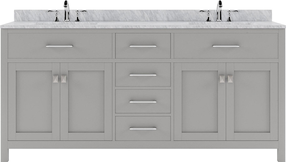 MD-2072-WMSQ-CG Cashmere Gray Caroline 72" Double Bath Vanity Set with Italian Carrara White Marble Top & Rectangular Double Centered Basin