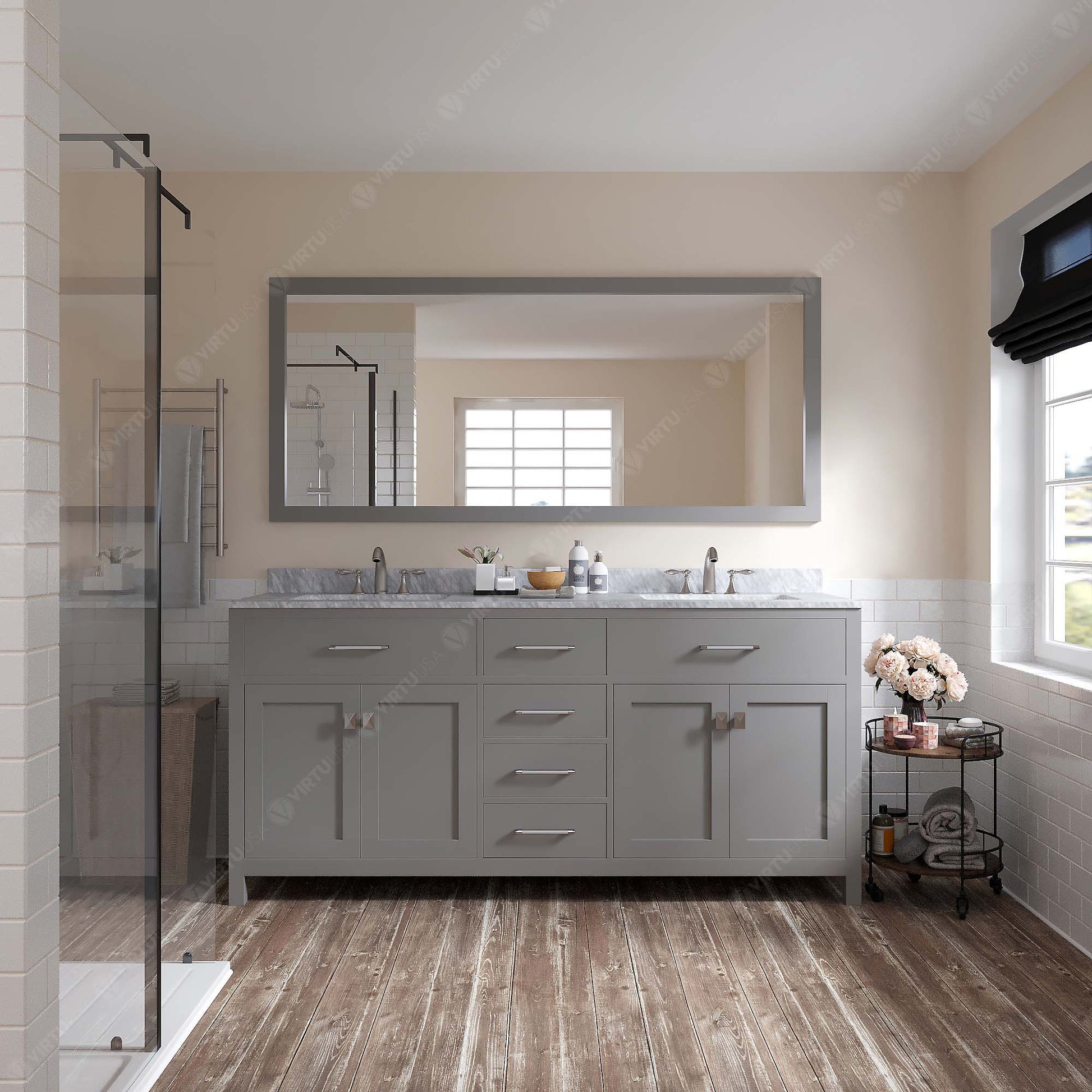 MD-2072-WMSQ-CG Cashmere Gray Caroline 72" Double Bath Vanity Set with Italian Carrara White Marble Top & Rectangular Double Centered Basin, Mirror styled