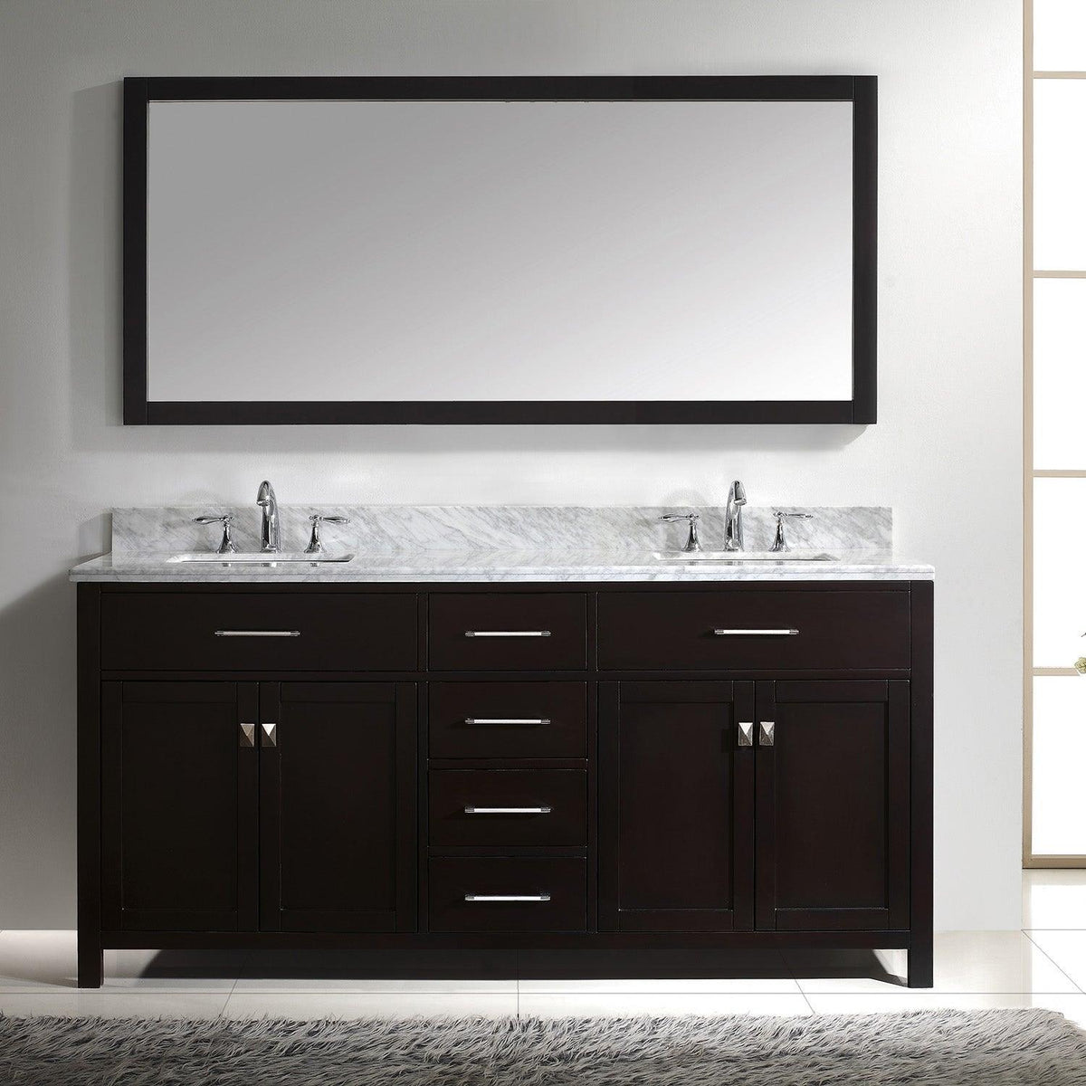 MD-2072-WMSQ-ES Espresso Caroline 72" Double Bath Vanity Set with Italian Carrara White Marble Top & Rectangular Double Centered Basin, Mirror