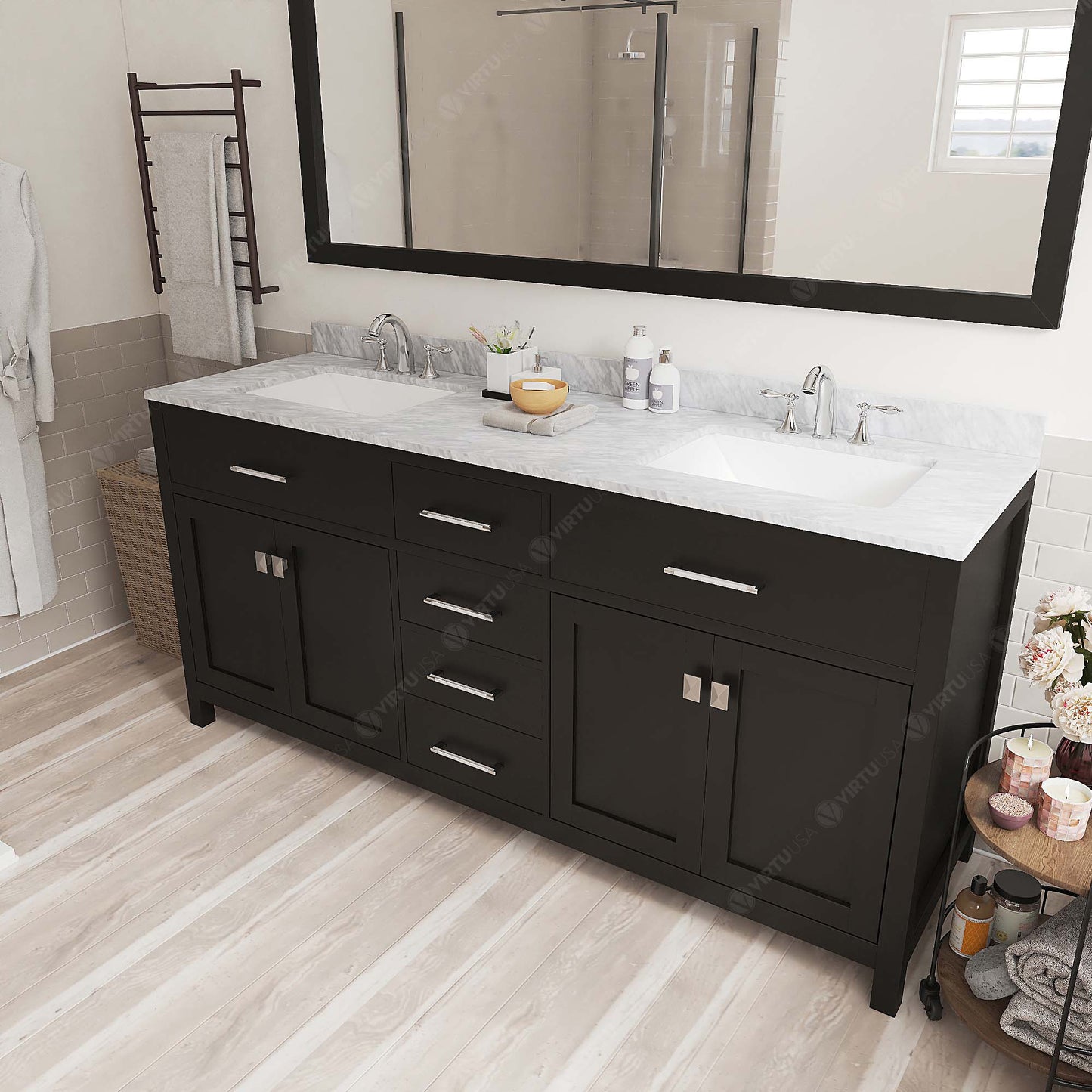 MD-2072-WMSQ-ES Espresso Caroline 72" Double Bath Vanity Set with Italian Carrara White Marble Top & Rectangular Double Centered Basin, Mirror side