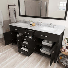 Load image into Gallery viewer, MD-2072-WMSQ-ES Espresso Caroline 72&quot; Double Bath Vanity Set with Italian Carrara White Marble Top &amp; Rectangular Double Centered Basin, Mirror open