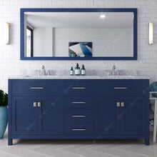 Load image into Gallery viewer, MD-2072-WMSQ-FB Blue Caroline 72&quot; Double Bath Vanity Set with Italian Carrara White Marble Top &amp; Rectangular Double Centered Basin, Mirror