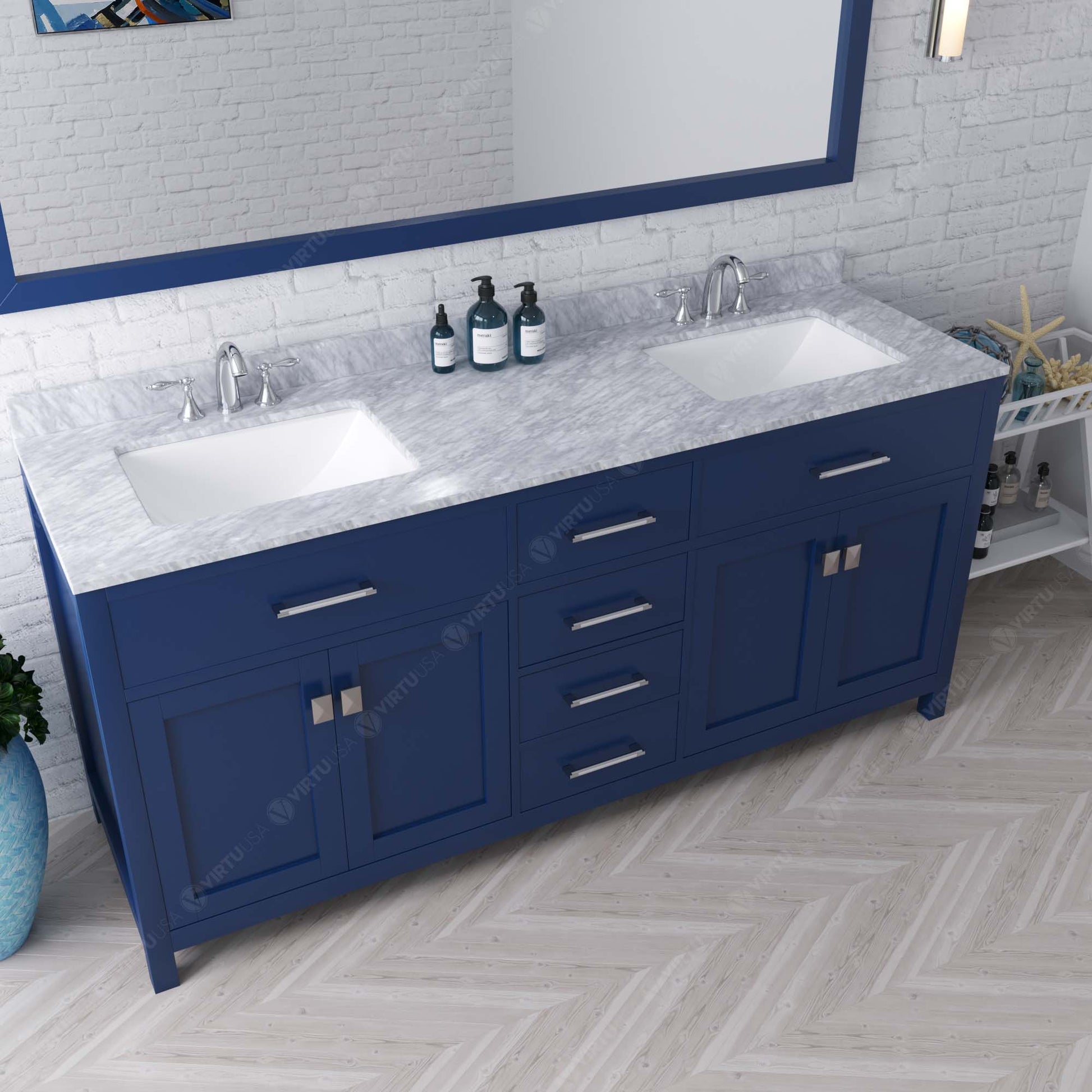 MD-2072-WMSQ-FB Blue Caroline 72" Double Bath Vanity Set with Italian Carrara White Marble Top & Rectangular Double Centered Basin, Mirror up