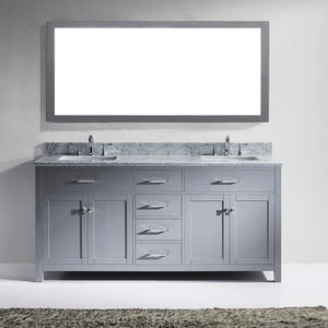 MD-2072-WMSQ-GR Gray Caroline 72" Double Bath Vanity Set with Italian Carrara White Marble Top & Rectangular Double Centered Basin, Mirror