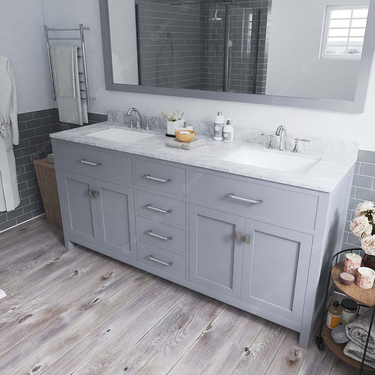 MD-2072-WMSQ-GR Gray Caroline 72" Double Bath Vanity Set with Italian Carrara White Marble Top & Rectangular Double Centered Basin, Mirror side