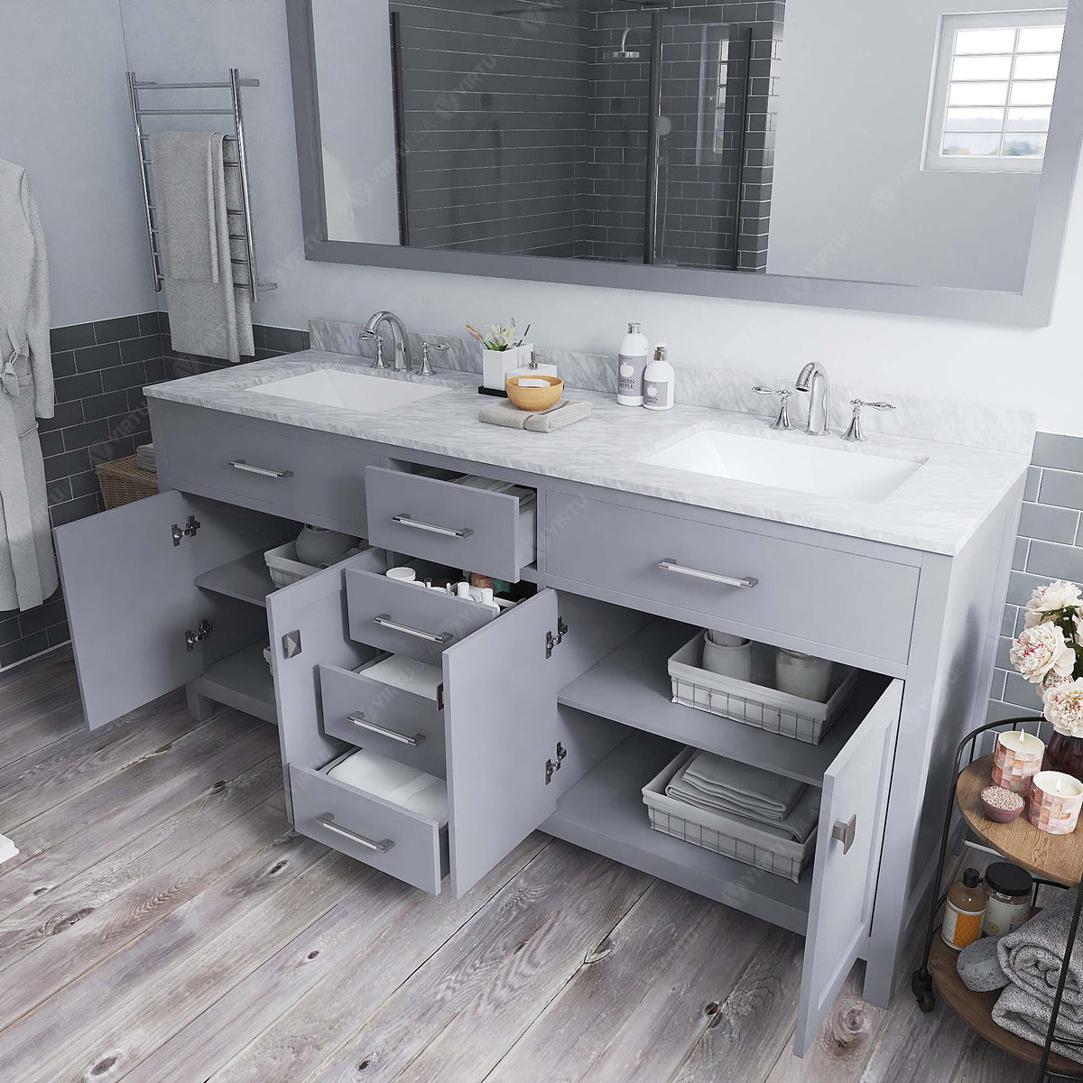 MD-2072-WMSQ-GR Gray Caroline 72" Double Bath Vanity Set with Italian Carrara White Marble Top & Rectangular Double Centered Basin, Mirror open