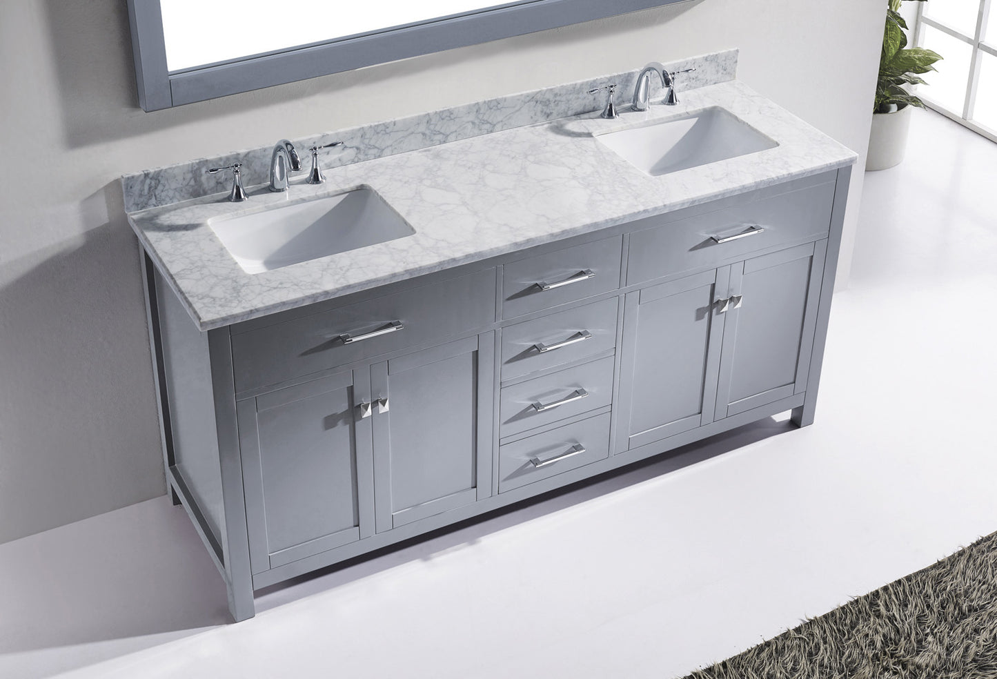 MD-2072-WMSQ-GR Gray Caroline 72" Double Bath Vanity Set with Italian Carrara White Marble Top & Rectangular Double Centered Basin, Mirror front