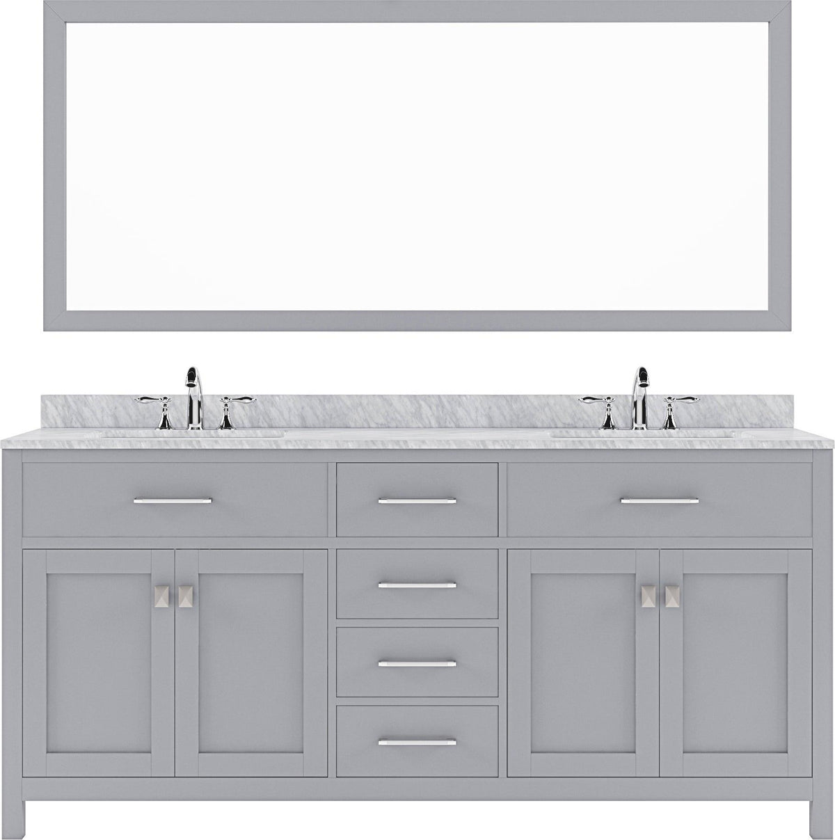 MD-2072-WMSQ-GR Gray Caroline 72" Double Bath Vanity Set with Italian Carrara White Marble Top & Rectangular Double Centered Basin, Mirror