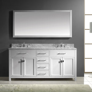 MD-2072-WMSQ-WH White  Caroline 72" Double Bath Vanity Set with Italian Carrara White Marble Top & Rectangular Double Centered Basin, Mirror