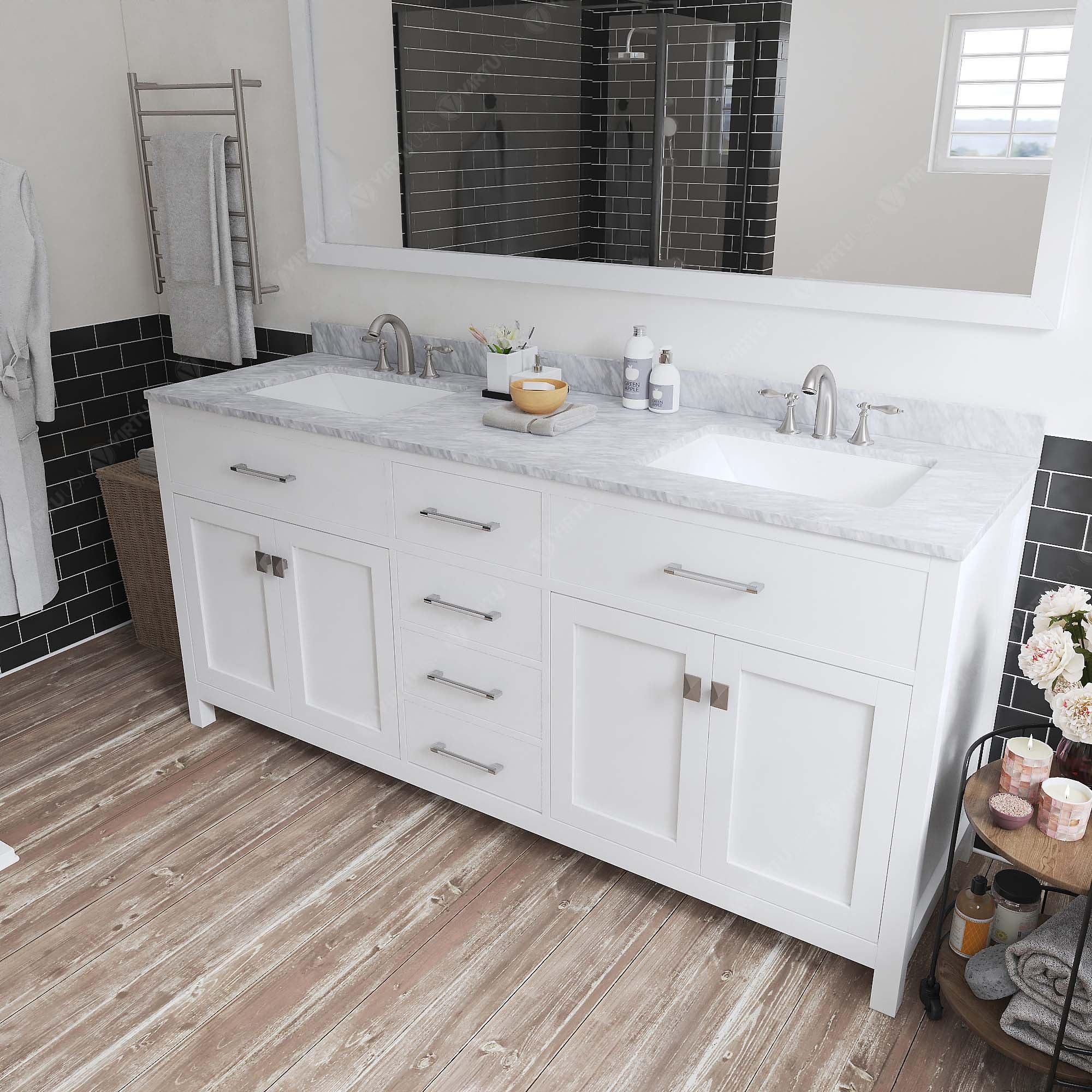 MD-2072-WMSQ-WH White  Caroline 72" Double Bath Vanity Set with Italian Carrara White Marble Top & Rectangular Double Centered Basin, Mirror side