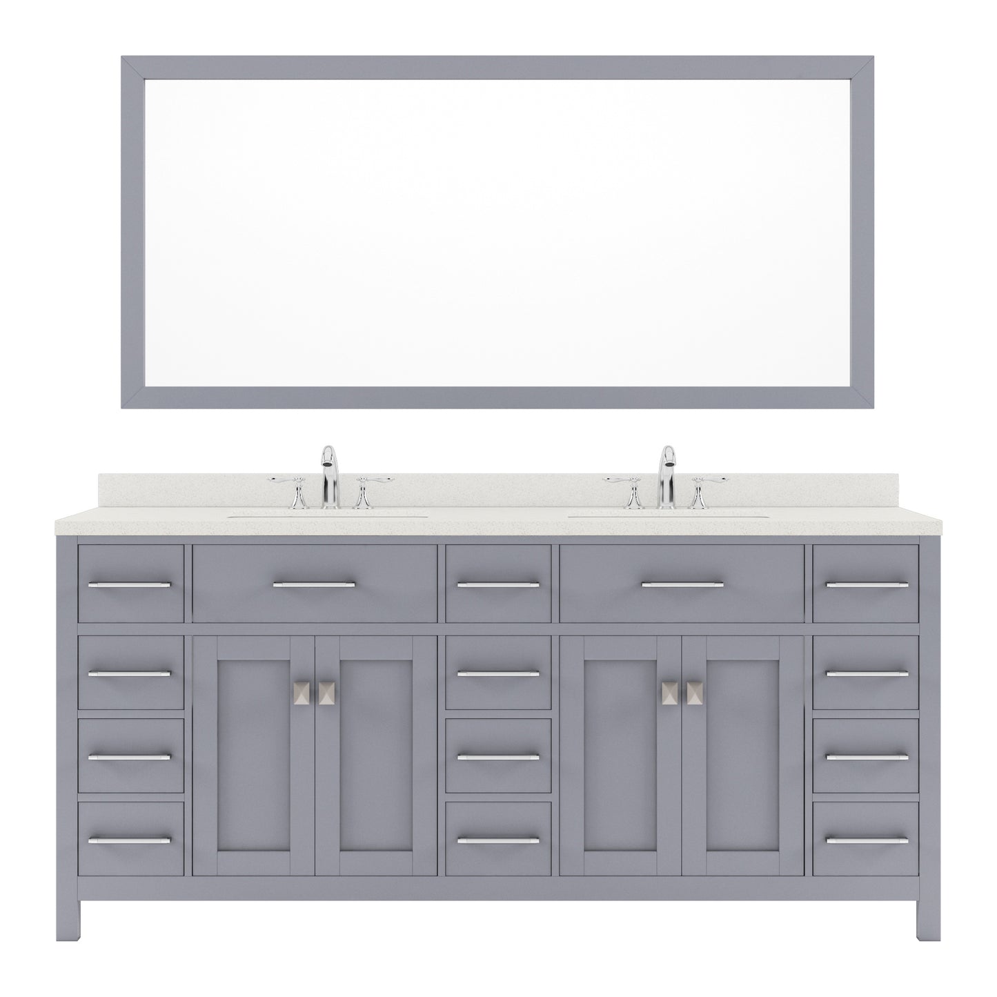 MD-2172-DWQRO-GR Gray Caroline Parkway 72" Double Bath Vanity Set with Dazzle White Quartz Top & Oval Double Centered Basin, Mirror