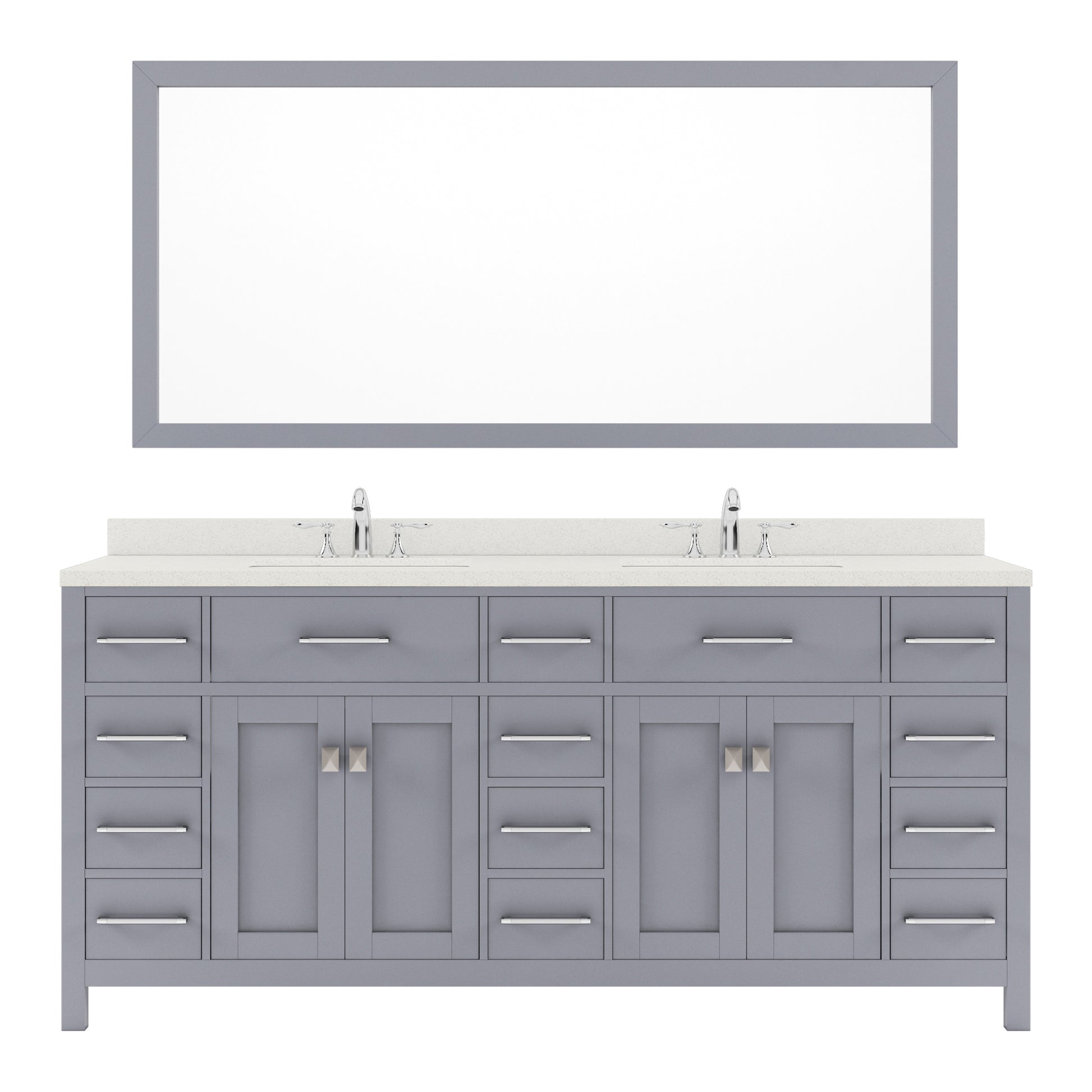 MD-2172-DWQRO-GR Gray Caroline Parkway 72" Double Bath Vanity Set with Dazzle White Quartz Top & Oval Double Centered Basin, Mirror