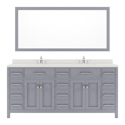 MD-2172-DWQRO-GR Gray Caroline Parkway 72" Double Bath Vanity Set with Dazzle White Quartz Top & Oval Double Centered Basin, Mirror