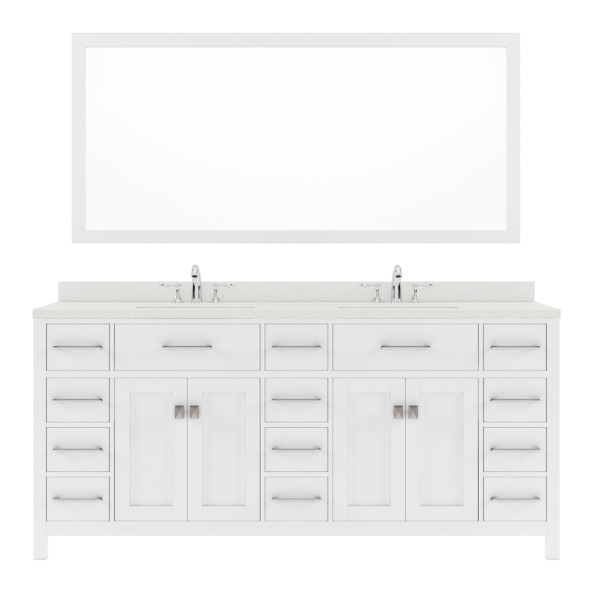 MD-2172-DWQRO-WH White Caroline Parkway 72" Double Bath Vanity Set with Dazzle White Quartz Top & Oval Double Centered Basin, Mirror