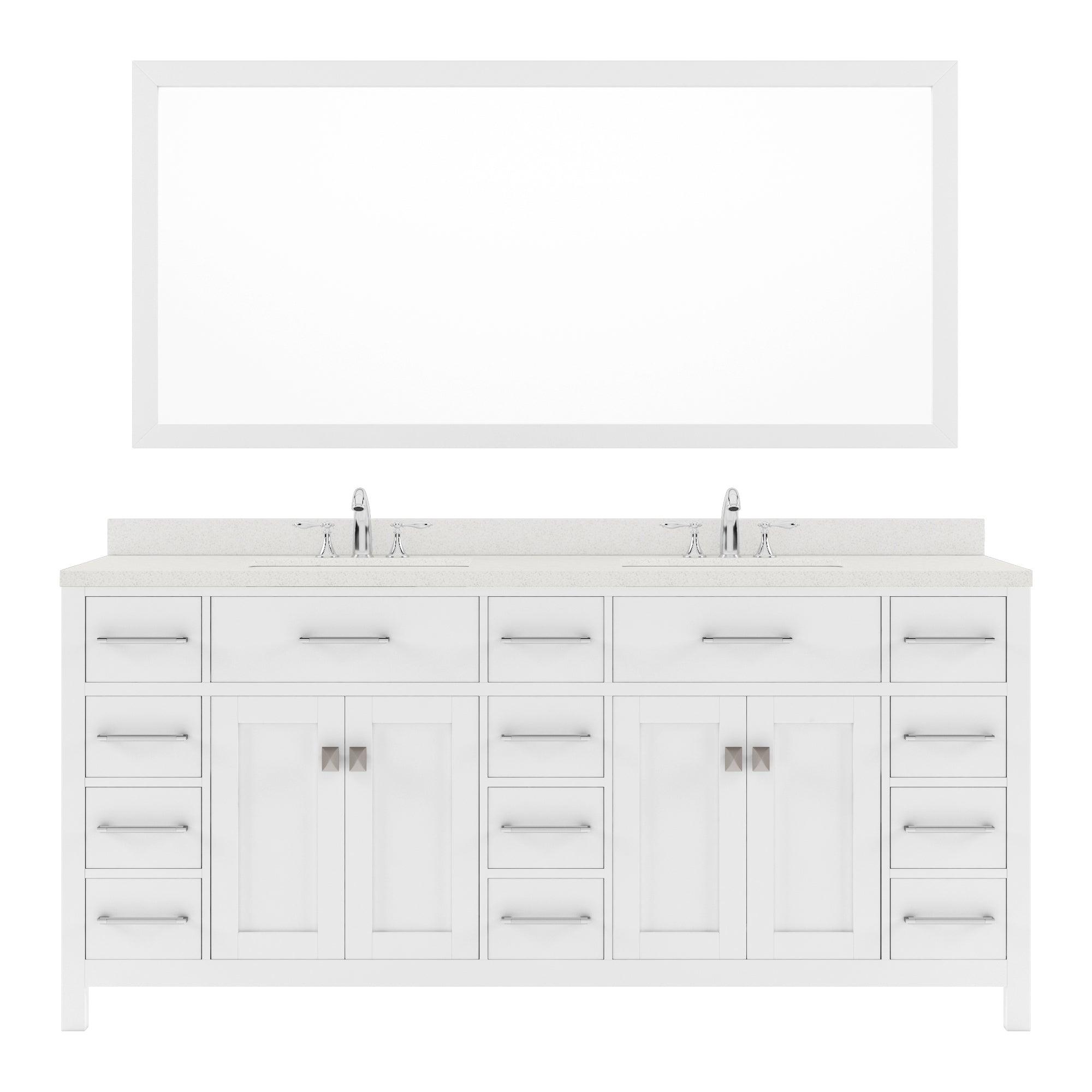 MD-2172-DWQSQ-WH White Caroline Parkway 72" Double Bath Vanity Set with Dazzle White Quartz Top & Rectangular Centered Basin, Mirror