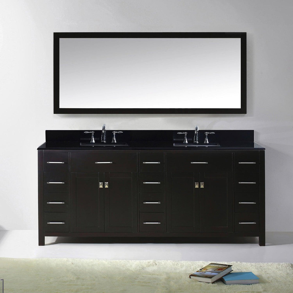 MD-2178-BGSQ-ES Espresso Caroline Parkway 78" Double Bath Vanity Set with Black Galaxy Granite Top & Rectangular Double Centered Basin, Mirror