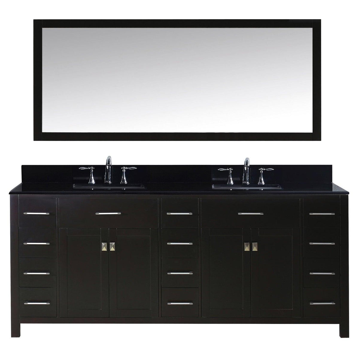 MD-2178-BGSQ-ES Espresso Caroline Parkway 78" Double Bath Vanity Set with Black Galaxy Granite Top & Rectangular Double Centered Basin, Mirror