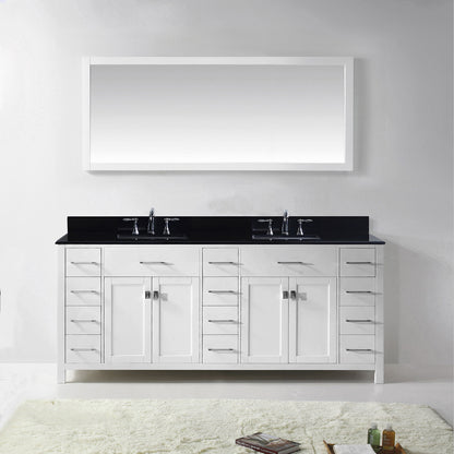 MD-2178-BGSQ-WH White Caroline Parkway 78" Double Bath Vanity Set with Black Galaxy Granite Top & Rectangular Double Centered Basin, Mirror