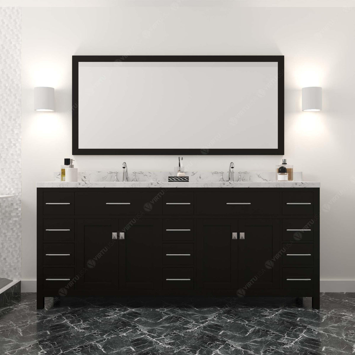 MD-2178-CMSQ-ES espresso Caroline Parkway 78" Double Bath Vanity Set with Cultured Marble Quartz Top & Rectangular Centered Basin, Mirror