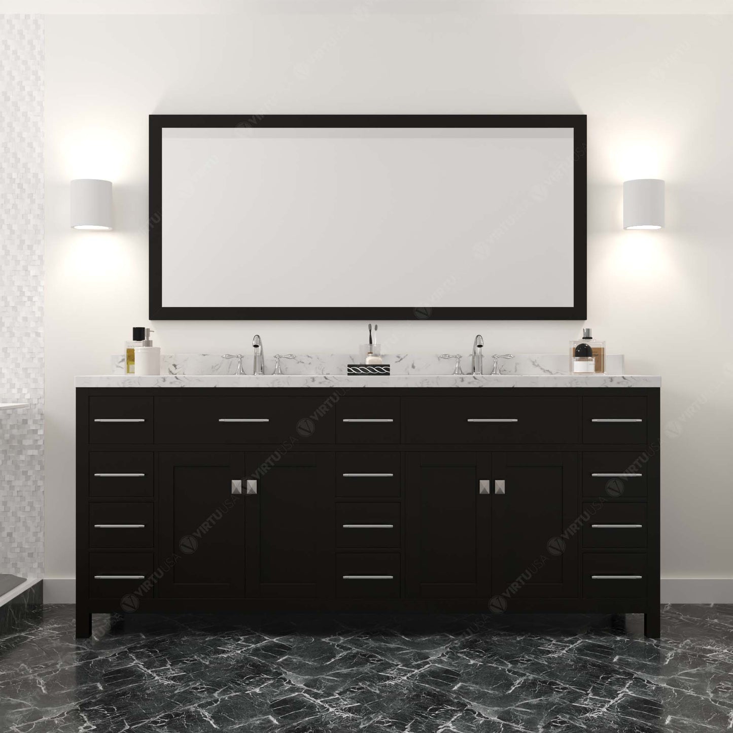 MD-2178-CMSQ-ES espresso Caroline Parkway 78" Double Bath Vanity Set with Cultured Marble Quartz Top & Rectangular Centered Basin, Mirror