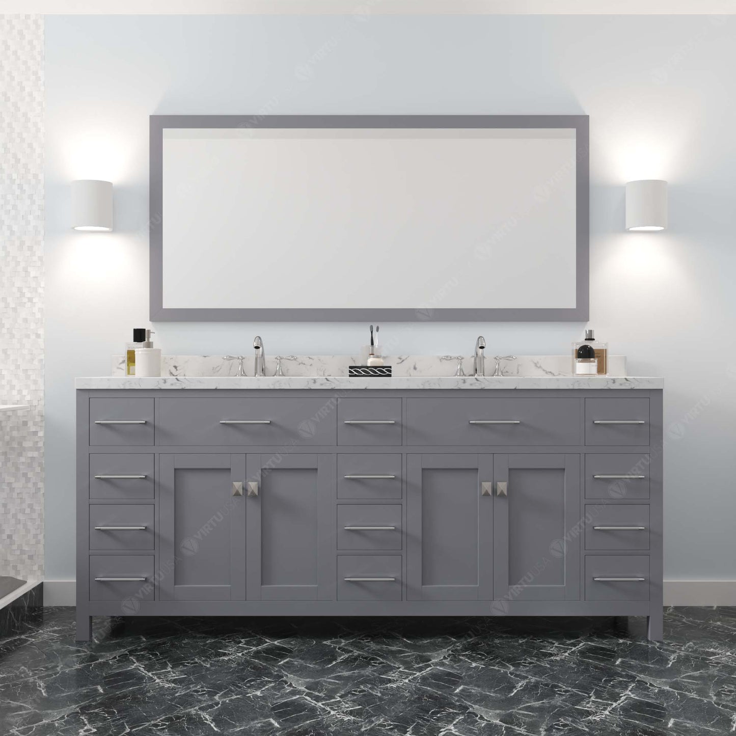 MD-2178-CMSQ-GR Gray Caroline Parkway 78" Double Bath Vanity Set with Cultured Marble Quartz Top & Rectangular Centered Basin, Mirror