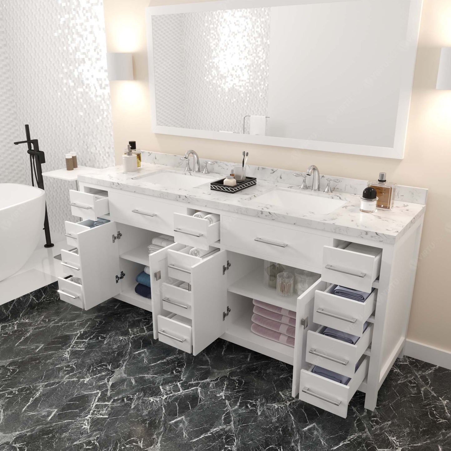 MD-2178-CMSQ-WH White Caroline Parkway 78" Double Bath Vanity Set with Cultured Marble Quartz Top & Rectangular Centered Basin, Mirror open