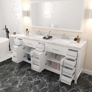 MD-2178-CMSQ-WH White Caroline Parkway 78" Double Bath Vanity Set with Cultured Marble Quartz Top & Rectangular Centered Basin, Mirror open