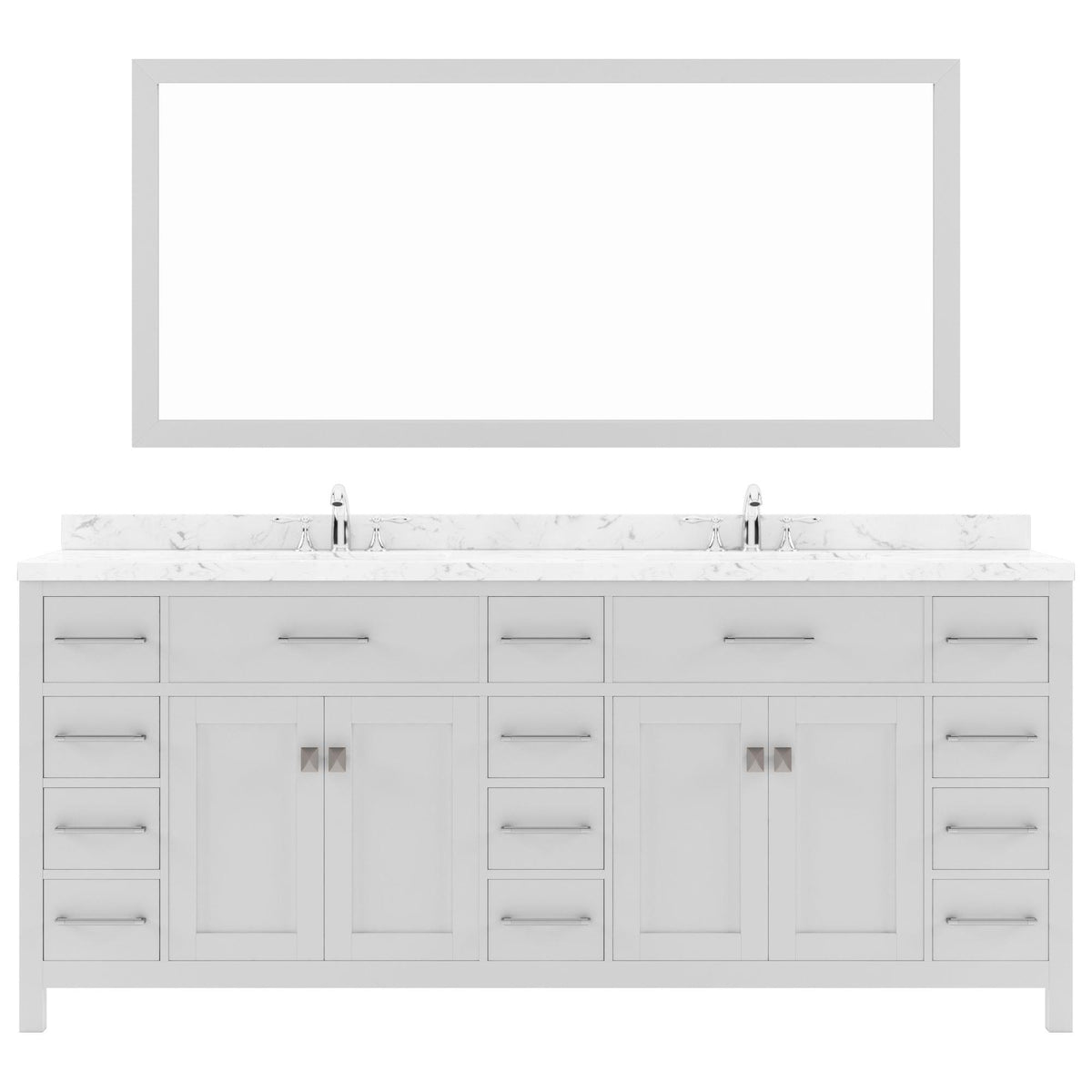 MD-2178-CMSQ-WH White Caroline Parkway 78" Double Bath Vanity Set with Cultured Marble Quartz Top & Rectangular Centered Basin, Mirror