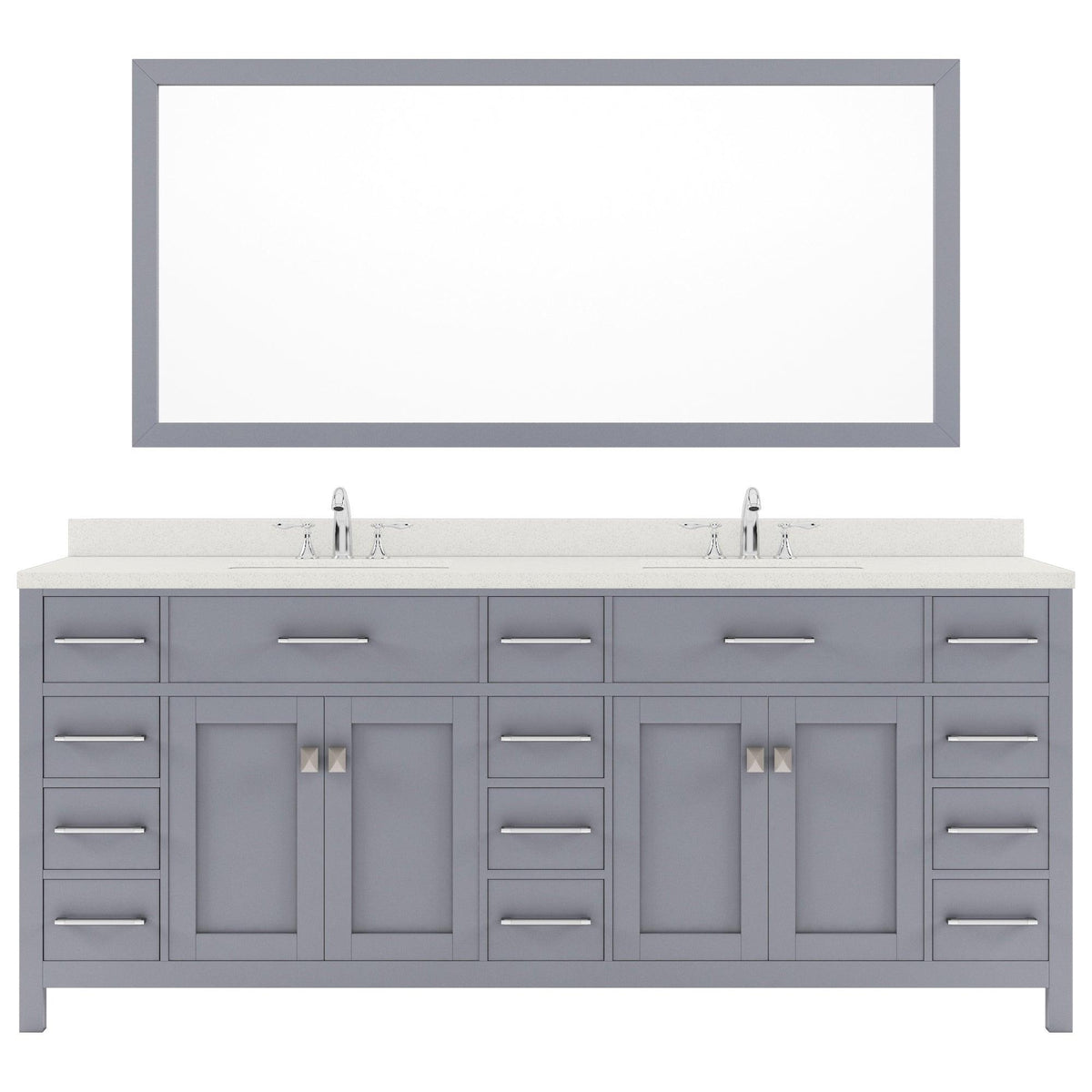 MD-2178-DWQRO-GR Gray Caroline Parkway 78" Double Bath Vanity Set with Dazzle White Quartz Top & Oval Double Centered Basin, Mirror