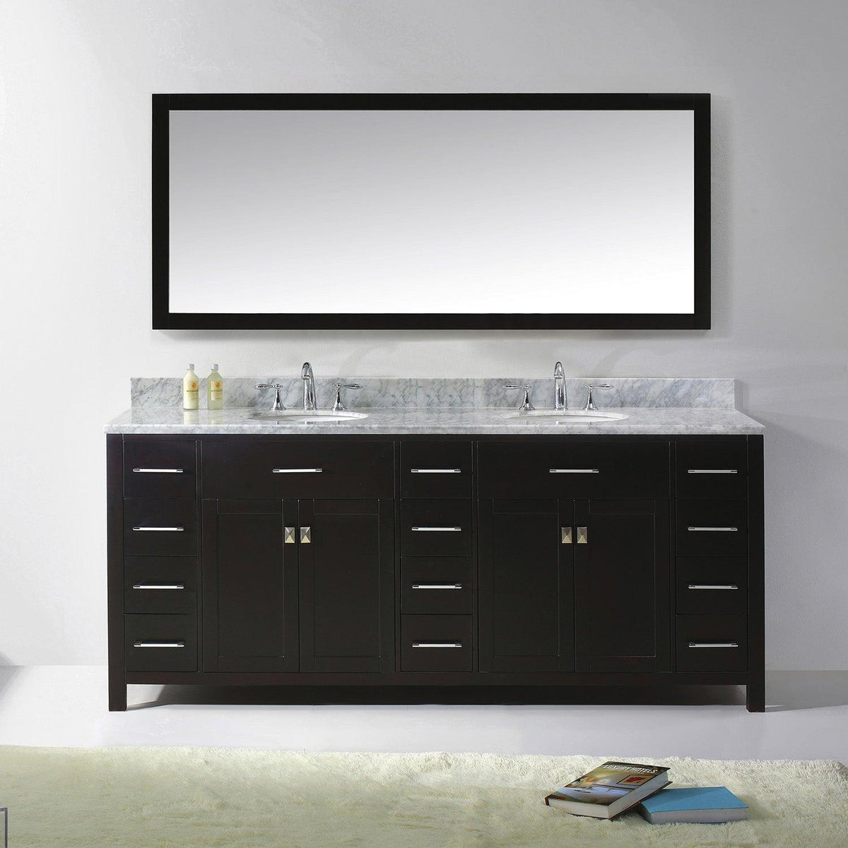 MD-2178-WMRO-ES Espresso Caroline Parkway 78" Double Bath Vanity Set with Italian Carrara White Marble Top & Oval Double Centered Basin, Mirror