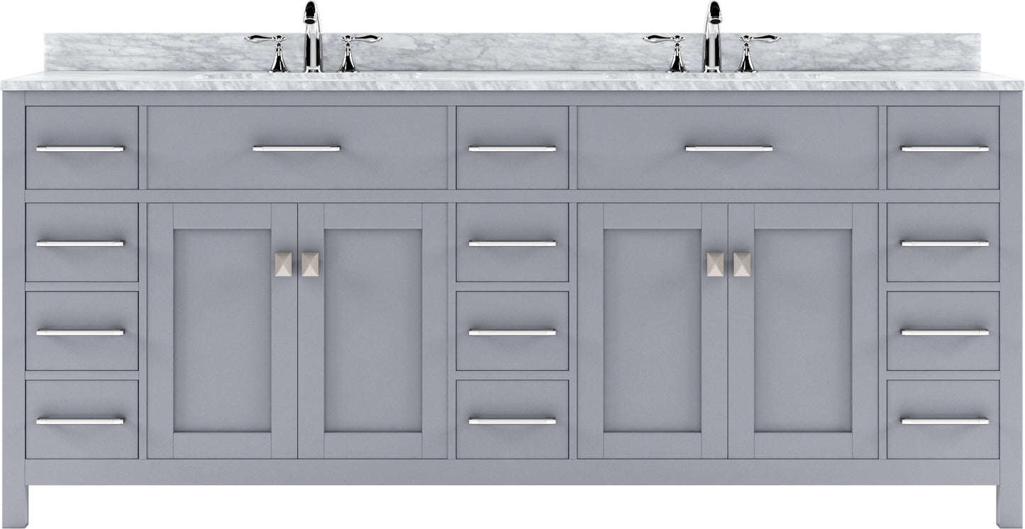 MD-2178-WMRO-GR Gray Caroline Parkway 78" Double Bath Vanity Set with Italian Carrara White Marble Top & Oval Double Centered Basin