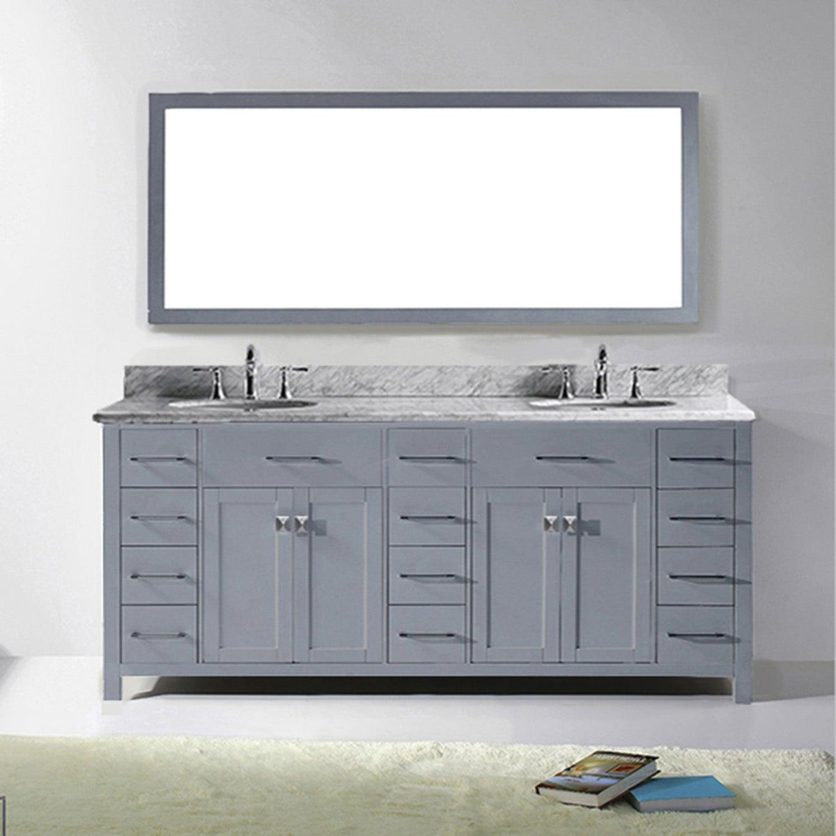 MD-2178-WMRO-GR Gray Caroline Parkway 78" Double Bath Vanity Set with Italian Carrara White Marble Top & Oval Double Centered Basin, Mirror