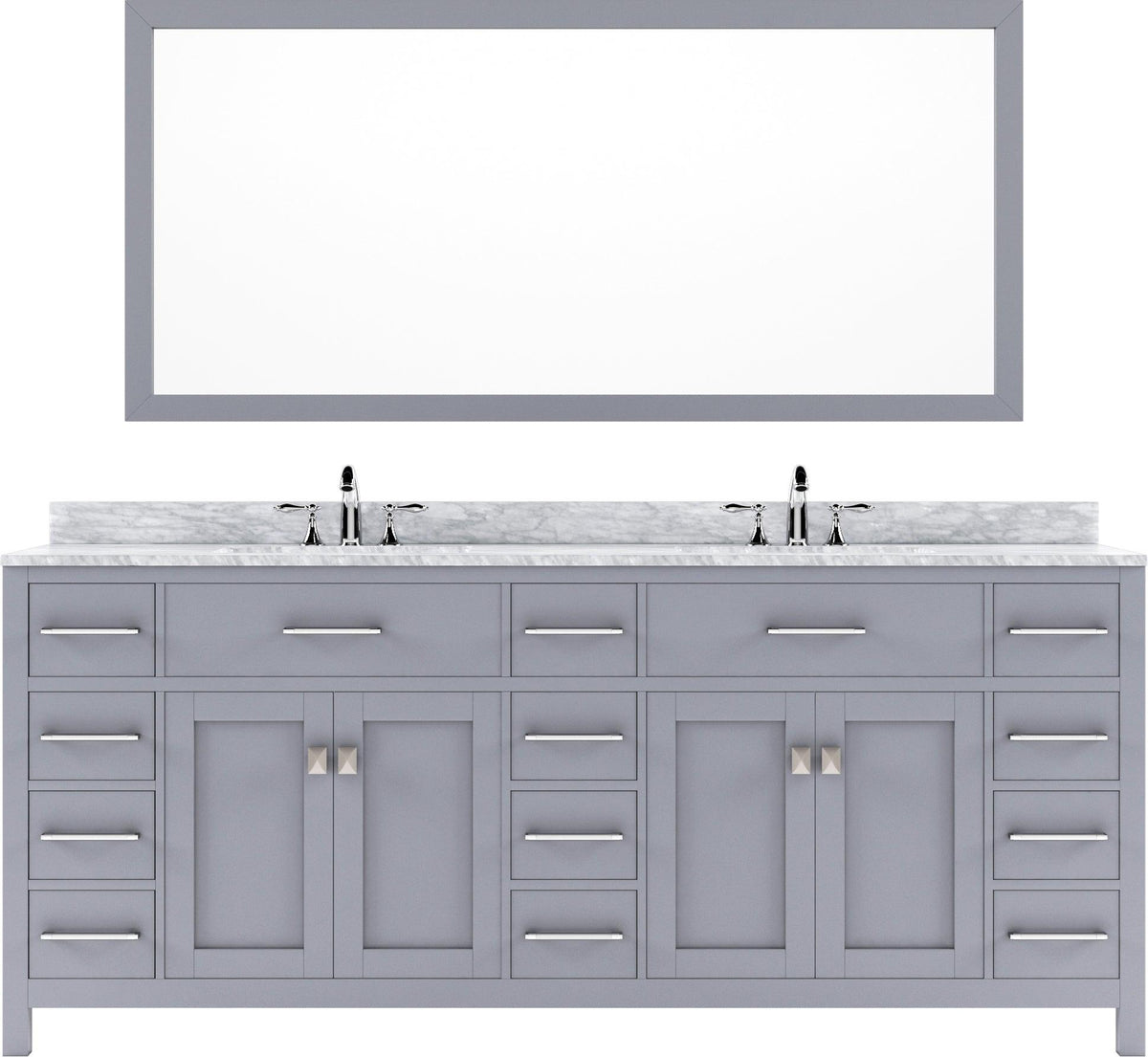 MD-2178-WMRO-GR Gray Caroline Parkway 78" Double Bath Vanity Set with Italian Carrara White Marble Top & Oval Double Centered Basin, Mirror