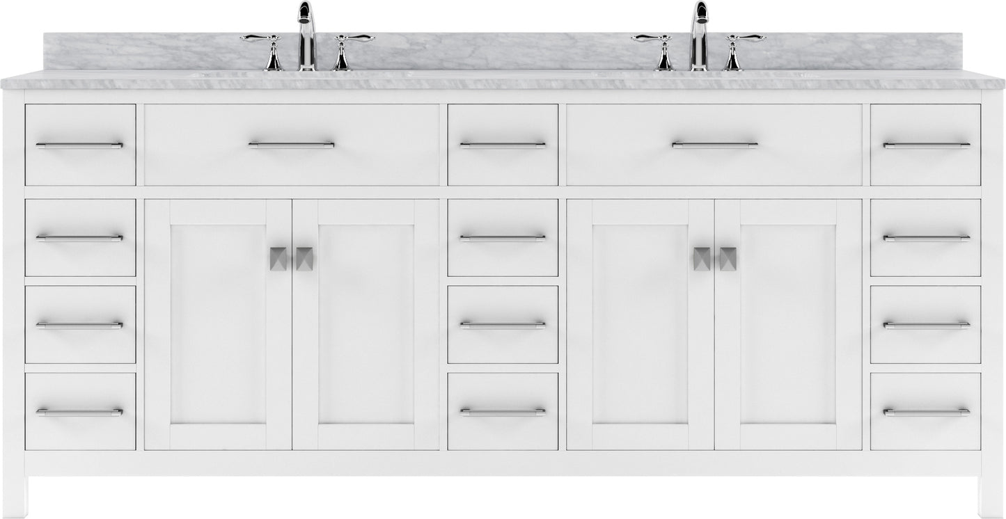 MD-2178-WMRO-WH White Caroline Parkway 78" Double Bath Vanity Set with Italian Carrara White Marble Top & Oval Double Centered Basin