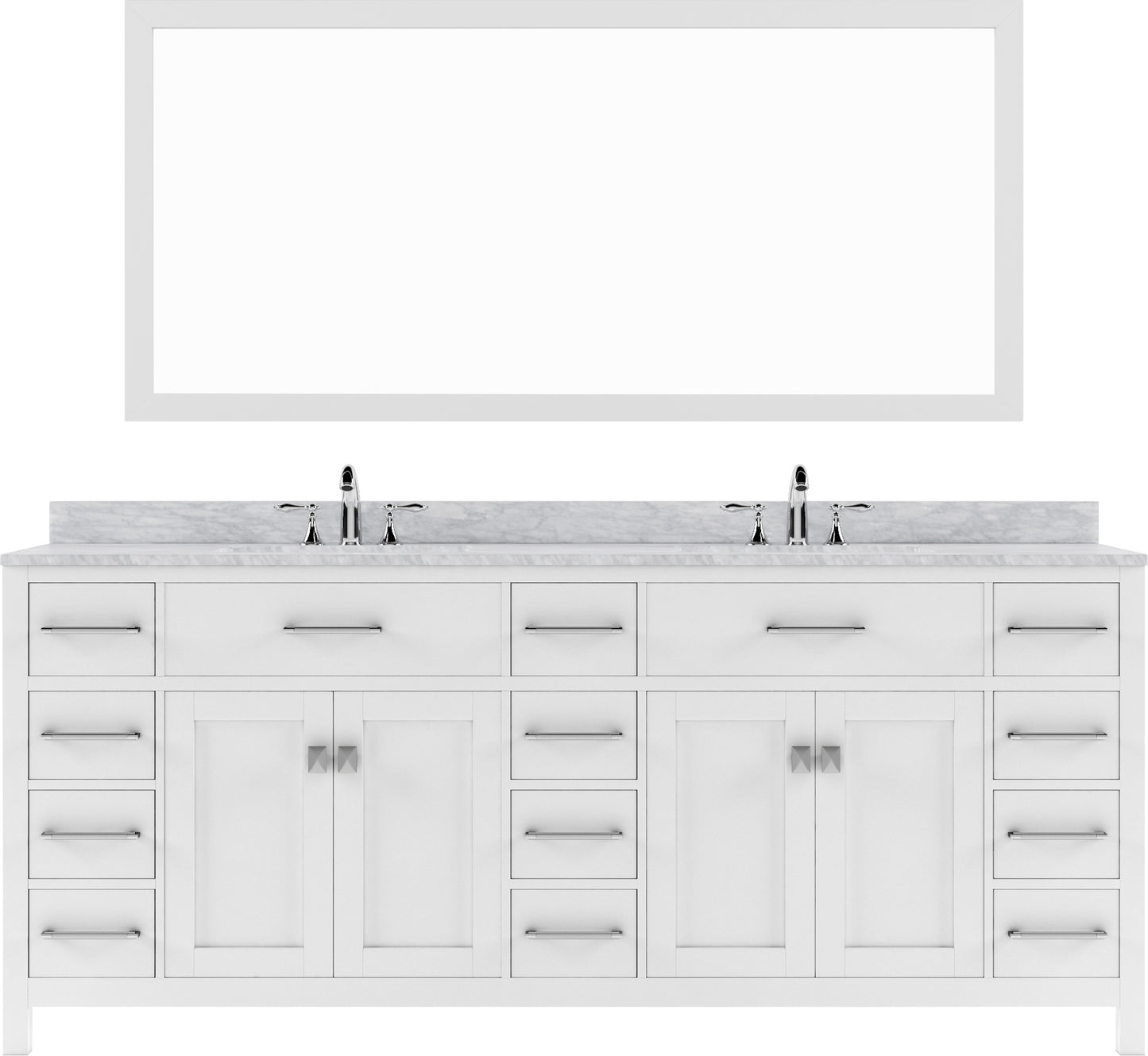 MD-2178-WMRO-WH White Caroline Parkway 78" Double Bath Vanity Set with Italian Carrara White Marble Top & Oval Double Centered Basin, Mirror