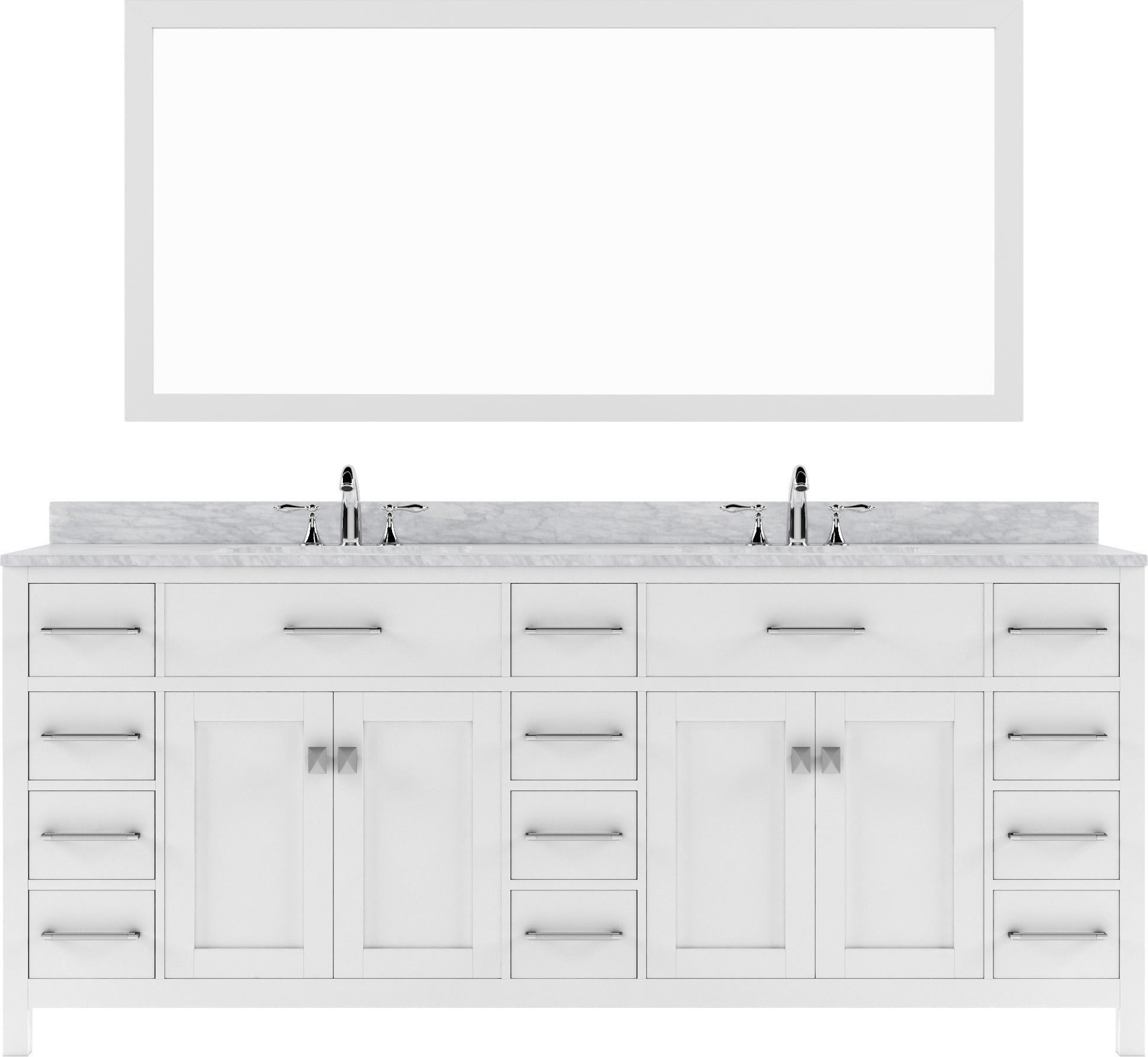 MD-2178-WMRO-WH White Caroline Parkway 78" Double Bath Vanity Set with Italian Carrara White Marble Top & Oval Double Centered Basin, Mirror