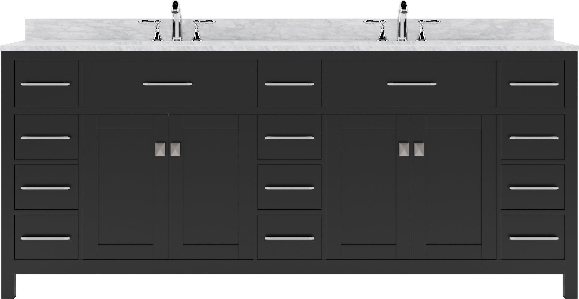 MD-2178-WMSQ-ES Espresso Caroline Parkway 78" Double Bath Vanity Set with Italian Carrara White Marble Top & Rectangular Double Centered Basin